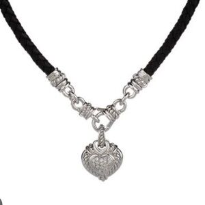 EUC Judith Ripka Sterling Silver Diamonique Heart & Black Leather Cord Necklace